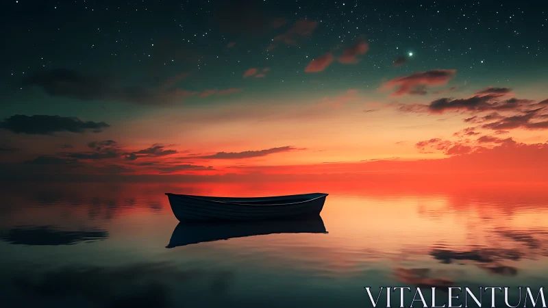 Nocturnal skiff on mirrorlike sea under gradient twilight sky.