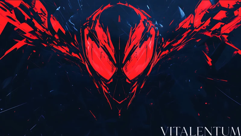 Vivid red spider mask bursting through deep electric night.