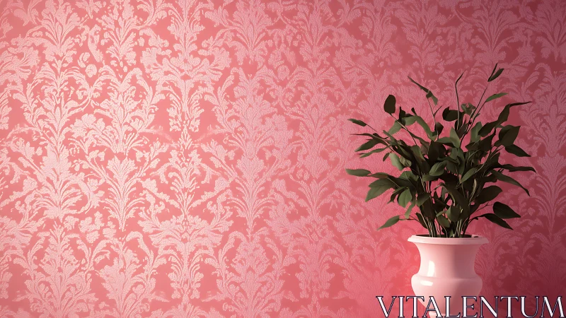 Digital damask wall with potted foliage in soft pink interior.