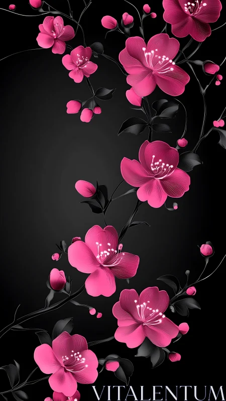 Fuchsia Botanical Illustration Against Black Backdrop.