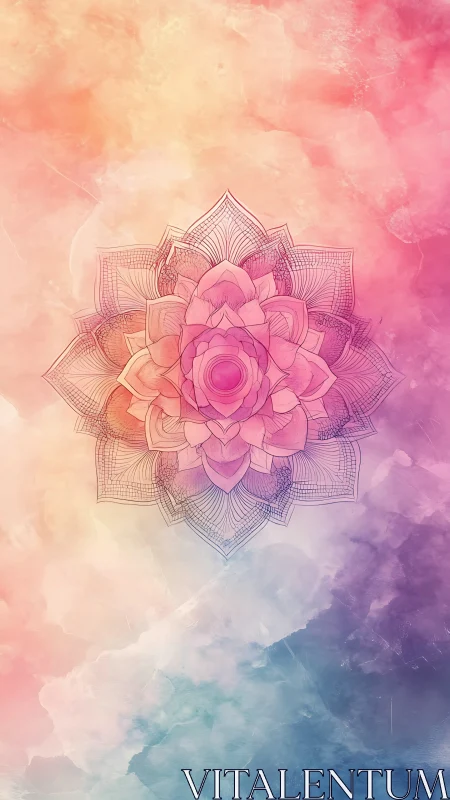 Radiant lotus mandala over softly blended pastel clouds.