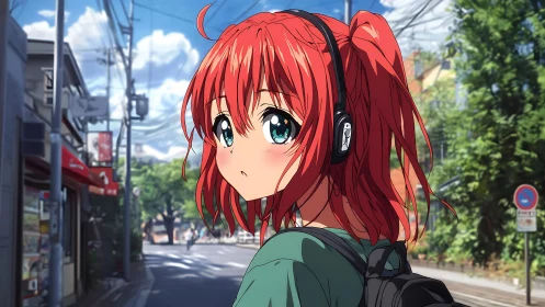 Red haired anime girl with headphones in sunlit urban street