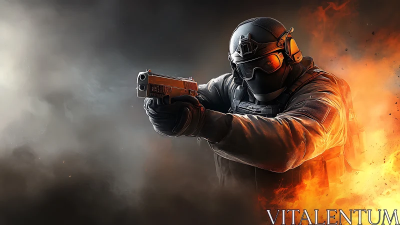 Armored tactical soldier aims pistol through fire and smoke