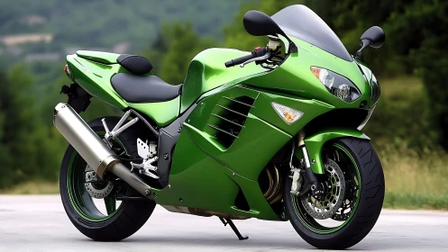 Metallic green sport motorcycle on mountain roadside.