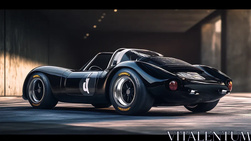 Sleek black vintage race car waits quietly in soft garage light
