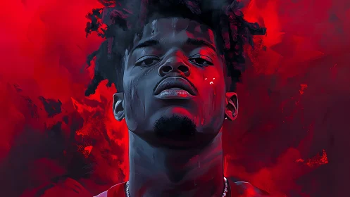 Bold portrait in red, a confident gaze wrapped in smoke.