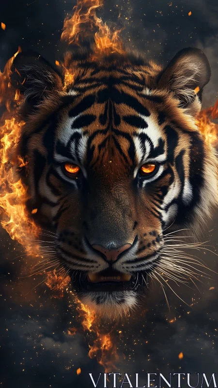 Tiger head framed by flames on dark atmospheric background.