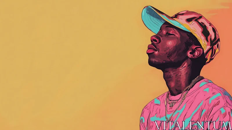 Sunlit daydreamer in neon cap drifting through peach skies.