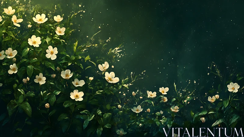 Cream Flowers Float Through Emerald Water Garden