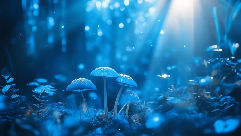 Midnight blue mushrooms bask under whispered forest starlight.