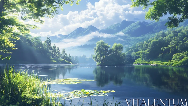 Mountain lake morning light bathes lush green shoreline.