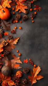 Cozy autumn leaves, pumpkins, and pinecones on dark slate.