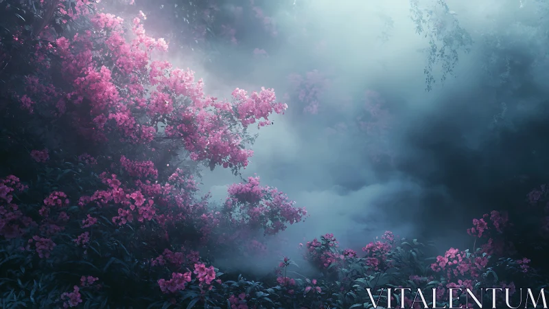 Mystic pink forest canopy immersed in ethereal morning fog.