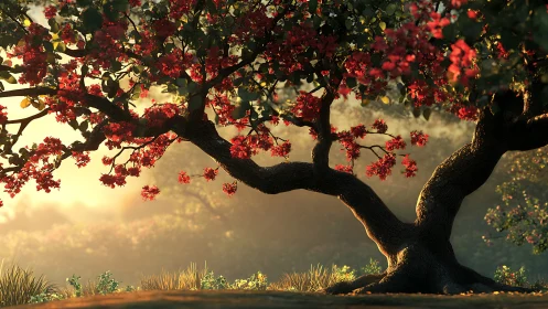 Sunlit flowering tree bends gracefully over a tranquil meadow.