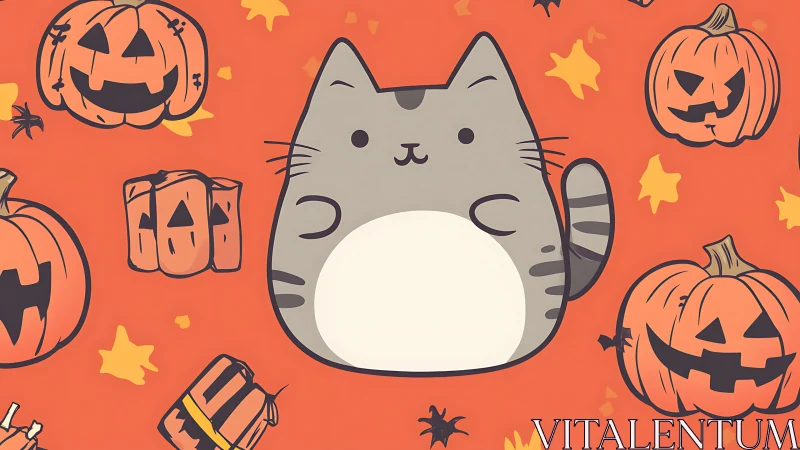 Cute Gray Cat with Jack-O'-Lantern Halloween Pattern.