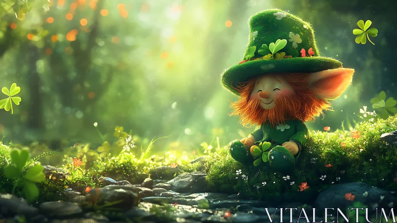 Smiling leprechaun sits in clover filled forest glade.