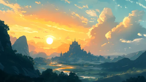 Radiant valley citadel under volumetric sunset atmosphere.