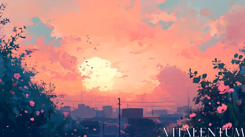 Soft city sunset wrapped in coral clouds and quiet blooms.