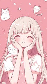 Smiling pastel girl with cute white cats on pink background.