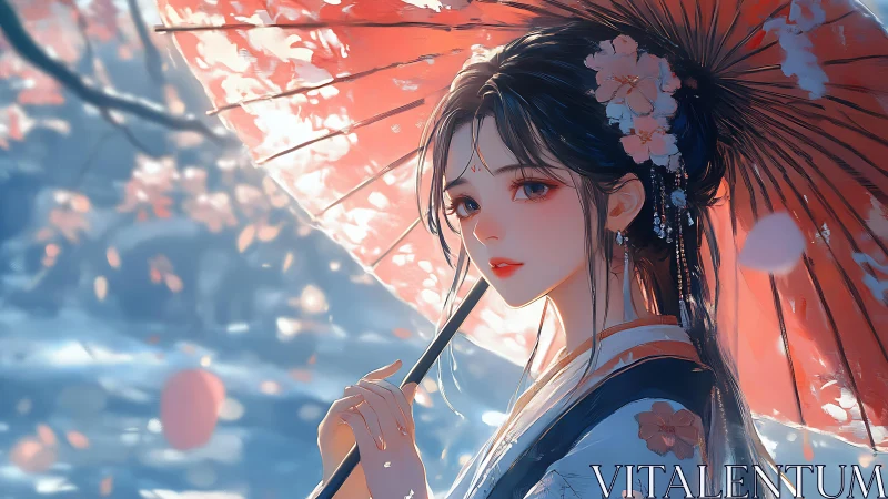 Anime portrait with parasol in soft bokeh cherry blossom light.