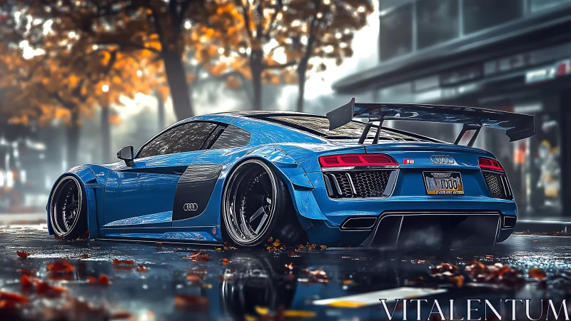 Widebody blue Audi R8 with track aero kit on wet autumn street