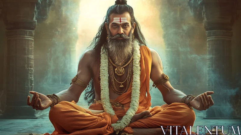 Meditating sage in temple hall under dramatic golden light