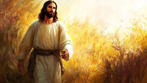 Sacred robed figure walking through golden sunlit field.