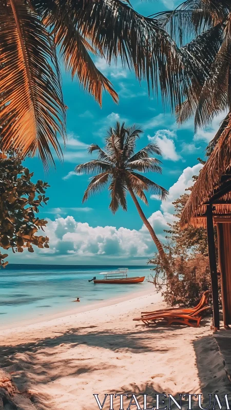 Tropical Coastal Scene with Palm Fronds Framing Azure Sky and Moored Fishing Vessel