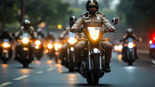 Motorcycle police convoy advancing through misty city street.
