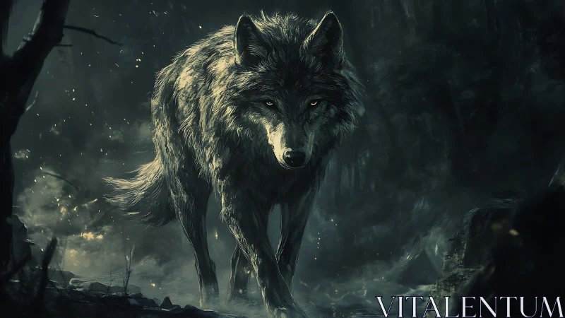 Wolf walks through dark misty forest with focused glowing eyes