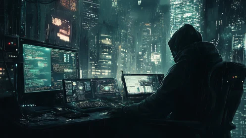 Midnight codebreaker haunts neon towers in digital rainfall.