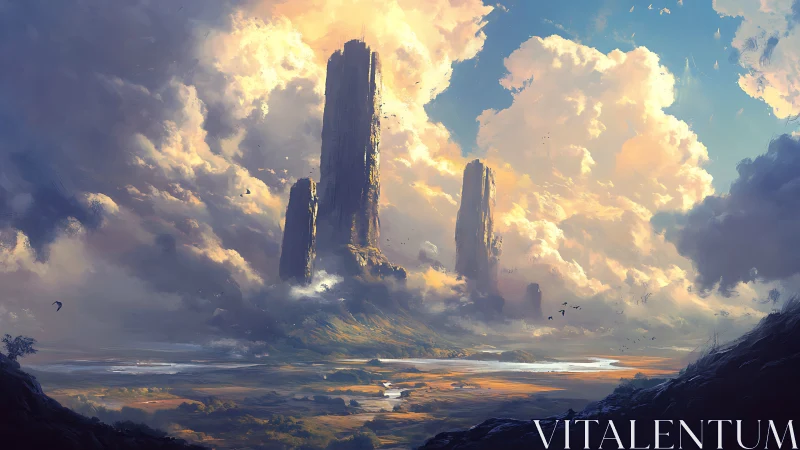 Towering stone monoliths rise through sunlit storm clouds