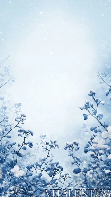 Snow laden branches frame a luminous winter sky gradient