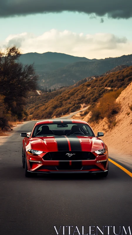 Red striped sports car on two-lane mountain road front view.