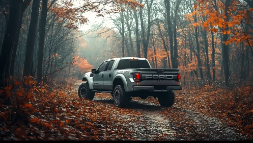 Ford pickup truck driving through quiet autumn forest trail.
