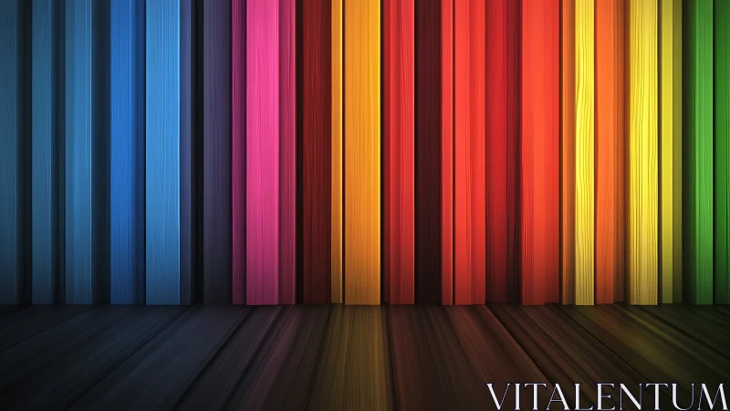 Vertical spectrum panels with reflective wooden stage backdrop.