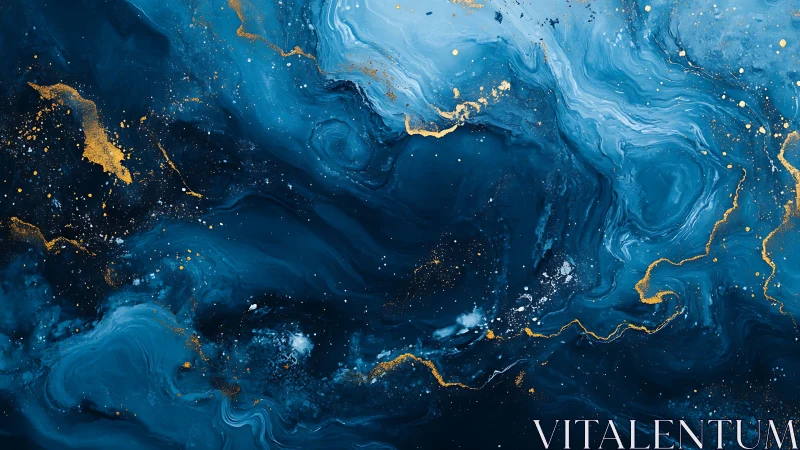 Abstract fluid blue marbling with metallic gold veining accents.