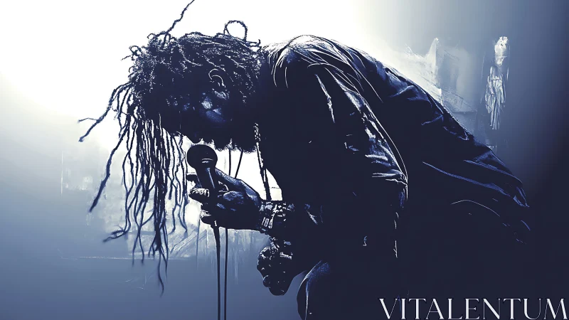 Silhouetted vocalist in blue monochrome digital painting