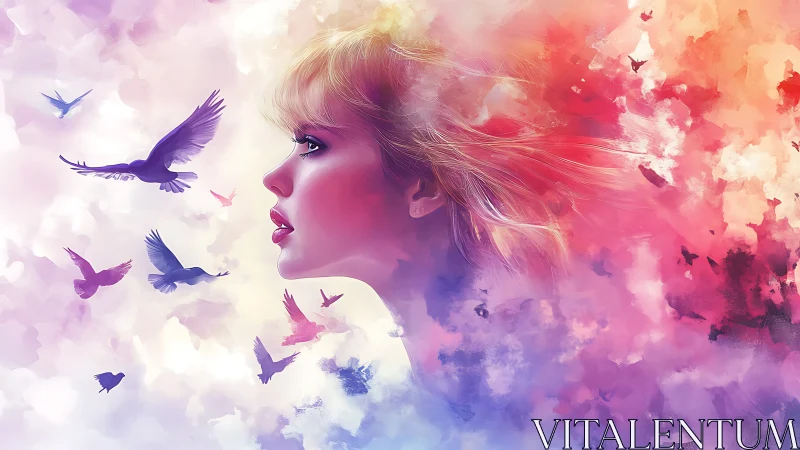 Colorful side profile of woman dissolving into flying birds.