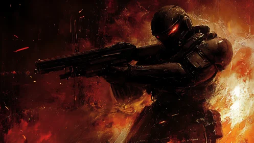 Armored exosoldier advancing through incendiary battlefield.