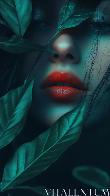 Close digital portrait shows red lips framed by foliage