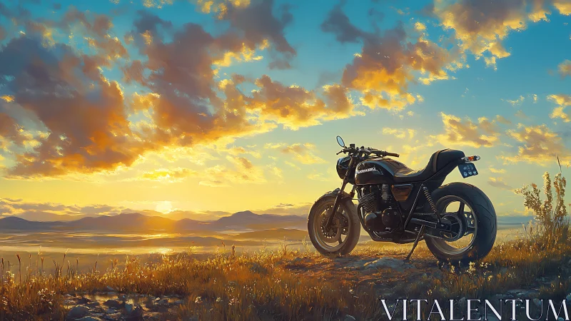 Solitary motorcycle rests under a blazing golden sunset sky