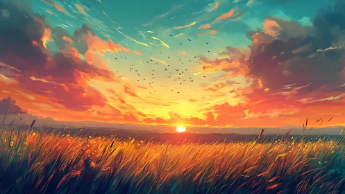 Spectral gradient sunset over wind-swept grassland horizon.