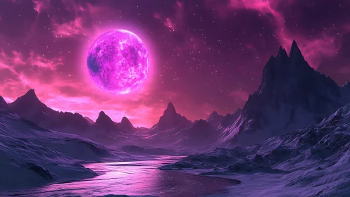 Alien ice valley under glowing magenta moonrise.