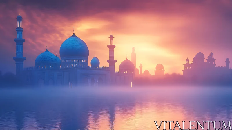 Domed riverside complex is rendered in mist at sunset