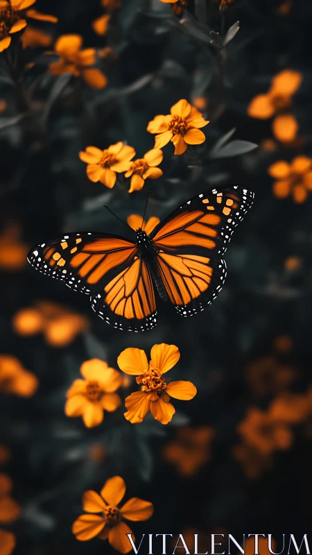 Monarch butterfly hovers over vivid orange wildflowers.