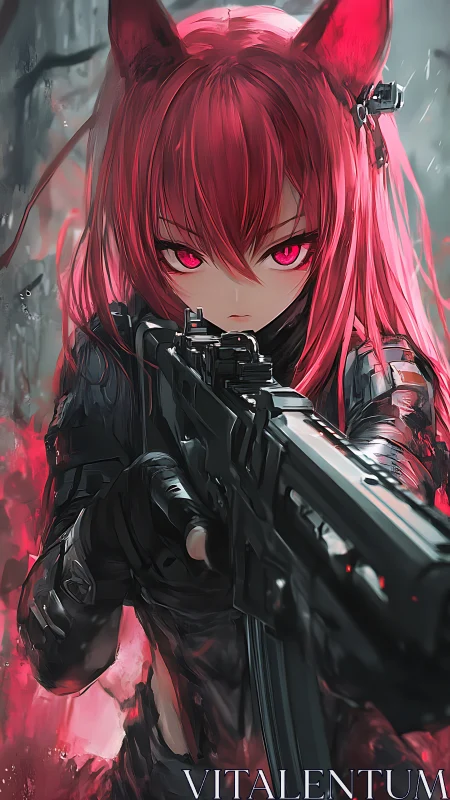 Crimson catgirl sniper locks target through storm haze.