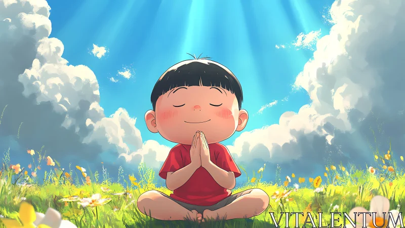 Meditative child in luminous meadow under volumetric sky.