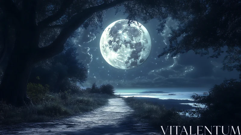 Moonlit coastal path under enlarged lunar disk at night.
