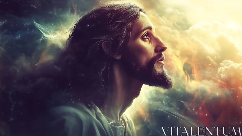 Bearded man gazes toward radiant celestial light source